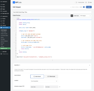 WPCode Snippet for Rank Math Rewrite Model Page Title